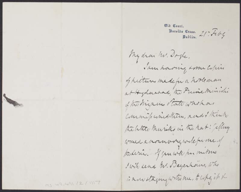 Letter from Colonel Philip Meadows Taylor, to Henry E. Doyle, asking for permission for copies to be made of some pictures in the National Gallery to be sent to a nobleman in Hyderabad,