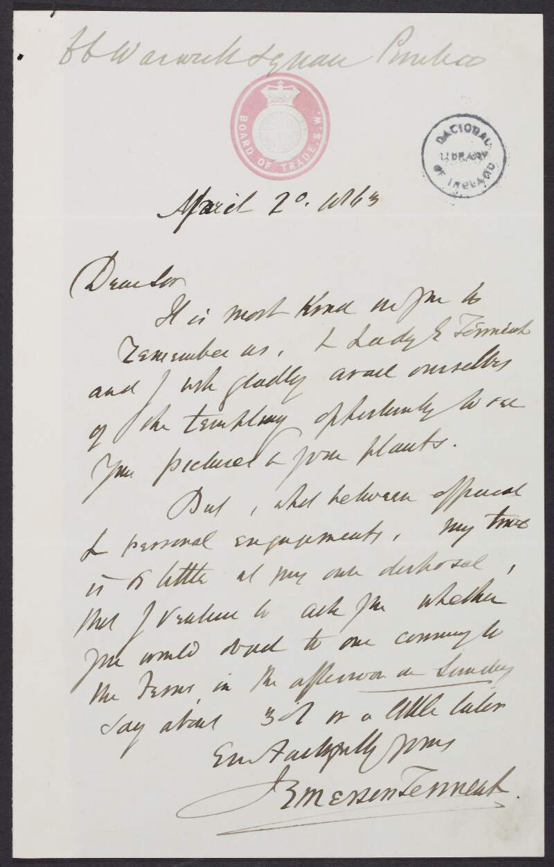 Letter from Sir James Emerson Tennent, to unidentified recipient, making an appointment to see their pictures and plants,