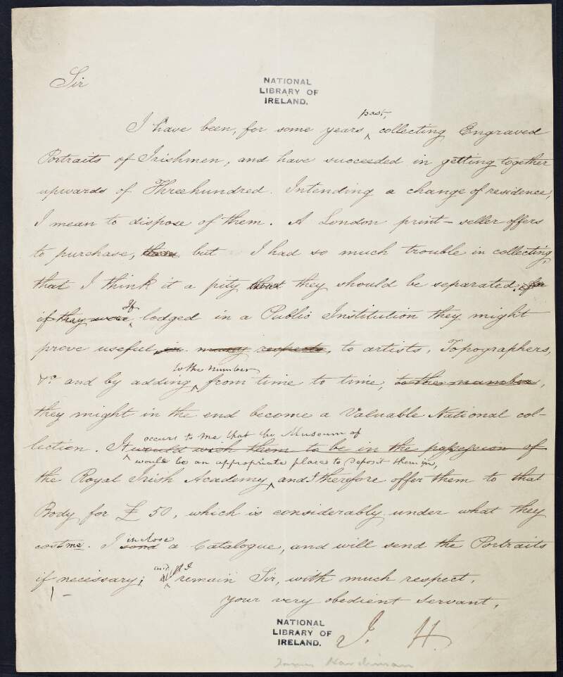 Letter from James Hardiman to President of the Royal Irish Academy, donating a collection of engraved potraits of Irishmen,