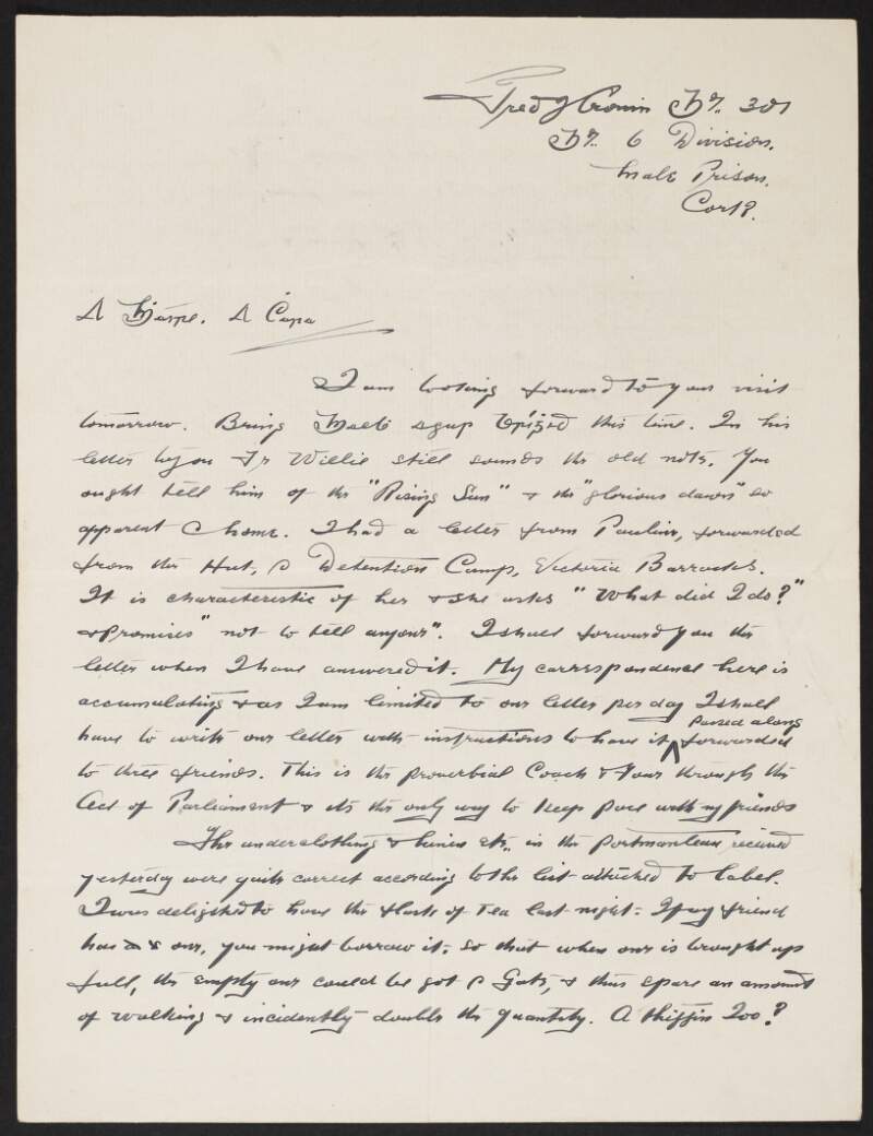 Letter from Fred Cronin, Cork Male Prison, to "Máire" [Mary Roche] regarding the food he received in a "portmanteau" and asks her to bring stationery the next time she visits him,