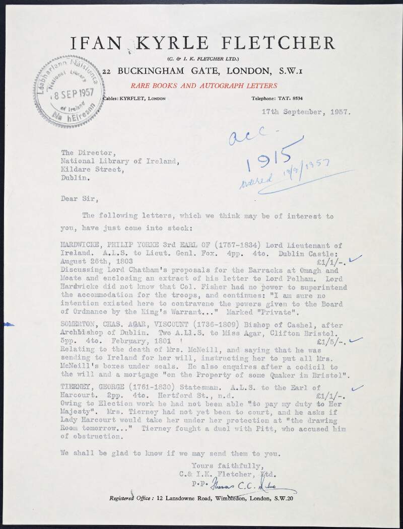 Letter from C. & I. K. Fletcher, Ltd., 22 Buckingham Gate, London S.W. 1, to Richard J. Hayes, Director National Library of Ireland, offering some letters which may be of interest,
