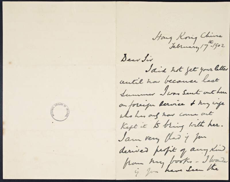 Letter from  E.J. Hardy, Chaplain to H.M. Forces, to unidentified recipient, concerning profit from his books, directing to find certain titles in the library, his time in China and wishing the recipient a happy career on leaving Oxford,