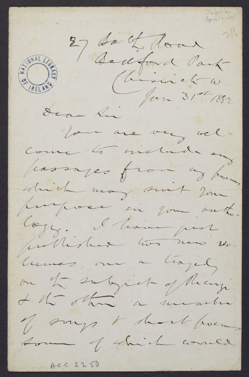 Letter from John Harvey Todhunter, to unidentified recipient, giving permission for passages from his work to be used in an anthology,