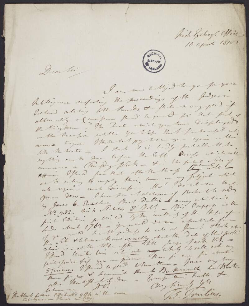 Letter from Sir Thomas Edlyne Tomlins, to William Shaw Mason, regarding editions of volumes in his collection,