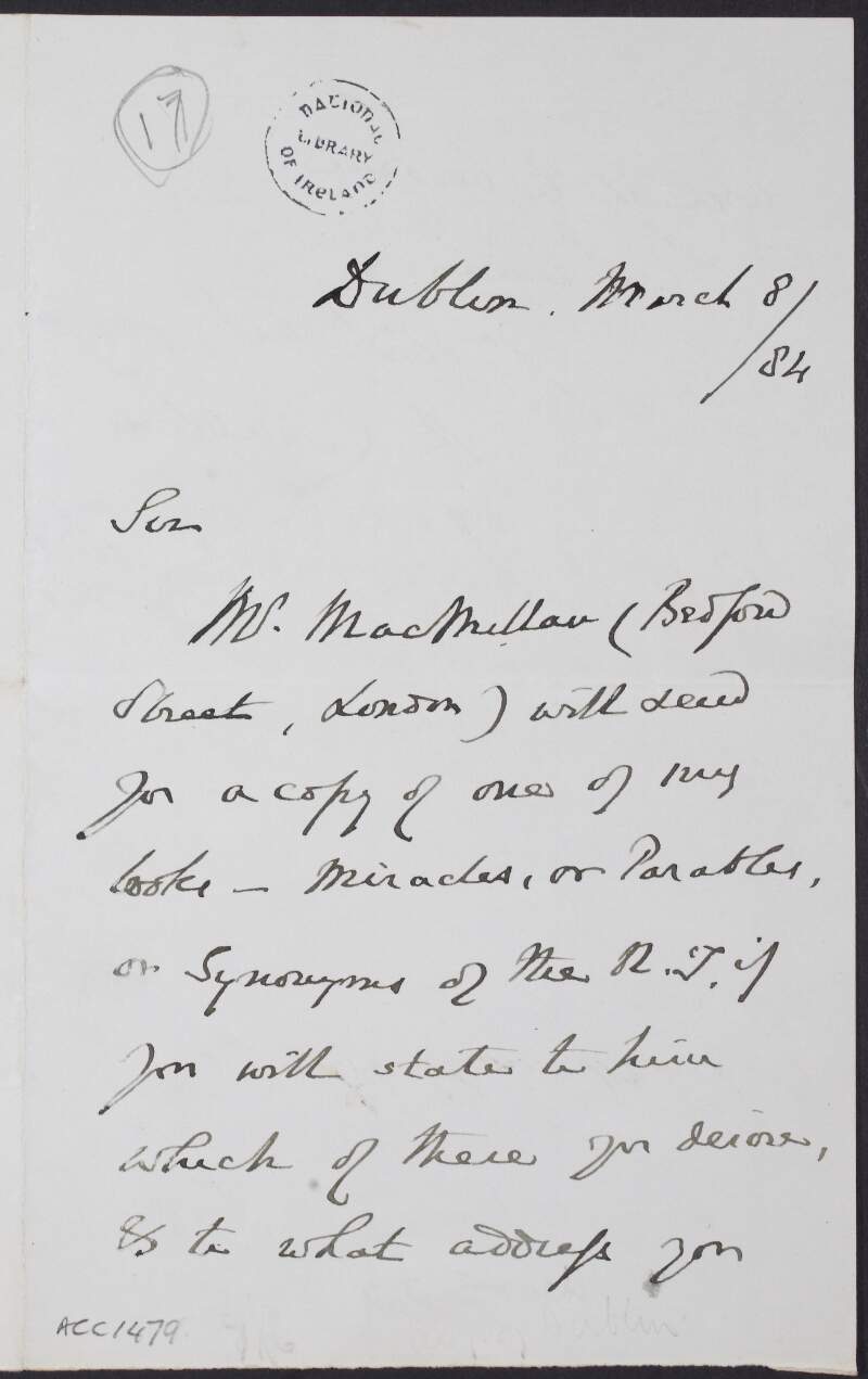 Letter from Richard Cheneviz Trench, Archbishop of Dublin, to R. Wilkins Rees, enquiring what address to send a book to,