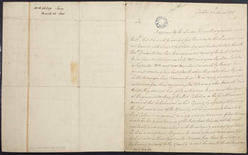 Letter from John Thomas Troy, Archbishop of Dublin, to Edward Jerningham, Secretary to the Board of English Catholics, regarding the representation of Irish Catholics by Rev. Dr. John Milner at a general meeting of English Catholics, and objections to a clause in Statute 33d,