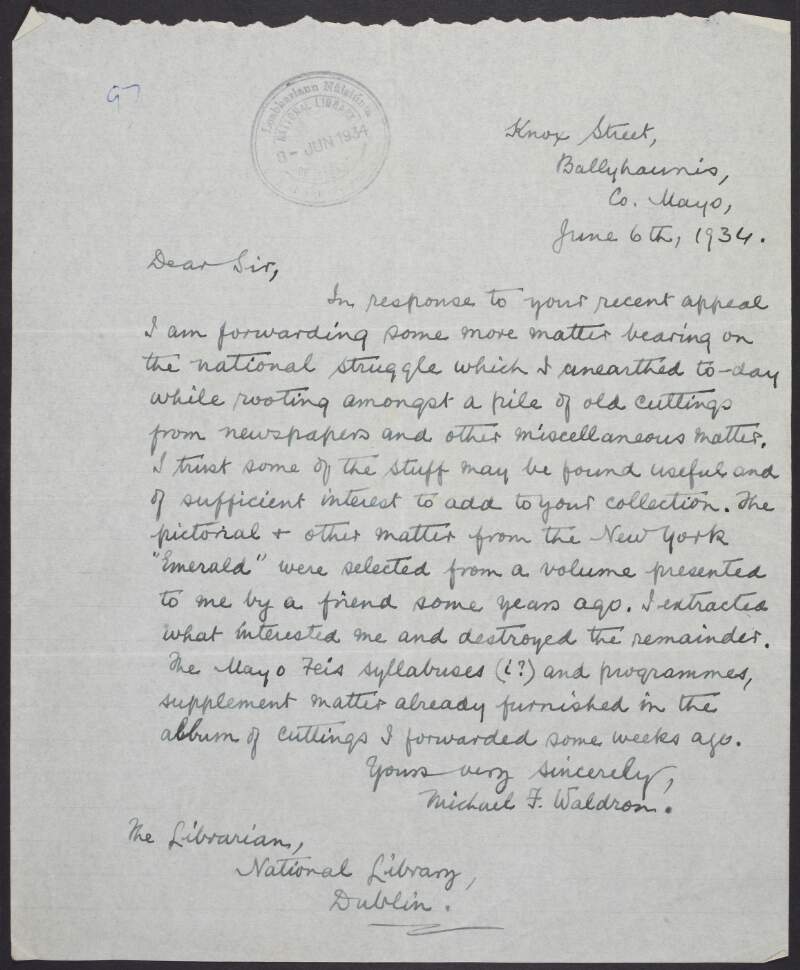 Letter from Michael F. Waldon, to The Librarian, National Library, Dublin, donating material relating to the national struggle,