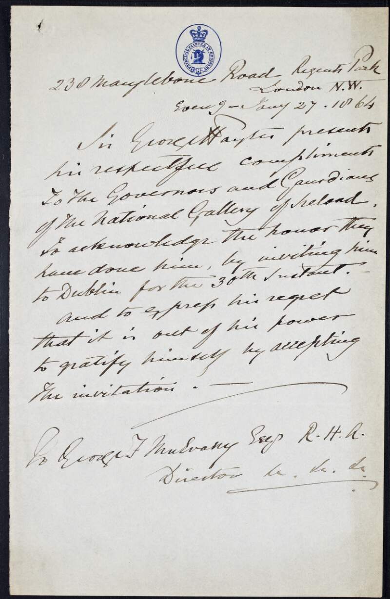 Letter from Sir George Hayter to George Francis Mulvany, Director of the National Gallery of Ireland, accepting an invitation,
