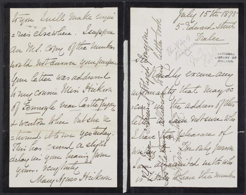 Letter from Mary Agnes Hickson, antiquarian, to unidentified recipient, telling them to get in touch with [Mr. Parsons?], a bookseller and printer, as he would be likely to have the numbers of the 'Kerry Magazine',