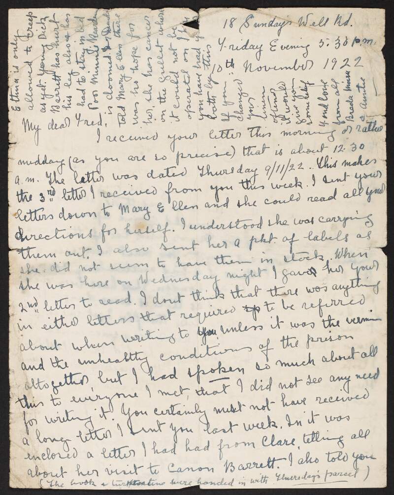 Letter from Mary Roche to her brother-in-law Fred Cronin, Cork Male Prison, regarding his letters, the conditions at the prison, financial and business matters, and the smallpox outbreak in London,