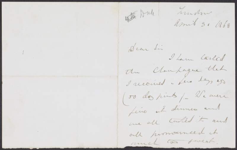 Letter from Arthur Richard Wellesley, 2nd Duke of Wellington, to "W. Heath", regarding a consignment of champagne that is too sweet to drink,