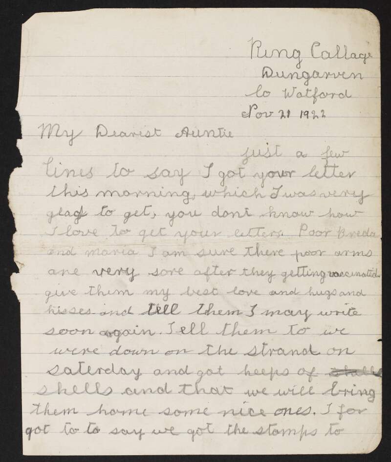 Letter to "Auntie" [Mary Roche] from Una Cronin, Coláiste na Rinne, Dungarvan, Co. Waterford, enquiring after her sisters Brighid and Maire who have been vaccinated,