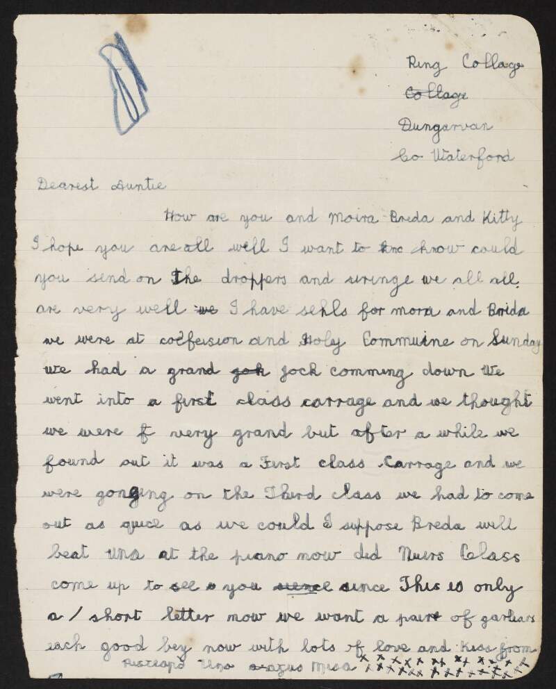 Letter to "Auntie" [Mary Roche] from Maeve Cronin, Coláiste na Rinne, Dungarvan, Co. Waterford, with news about the school,