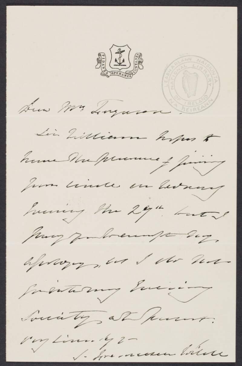 Letter from Lady Jane Francesca Agnes Wilde, to Mrs Ferguson, declining an invitation,