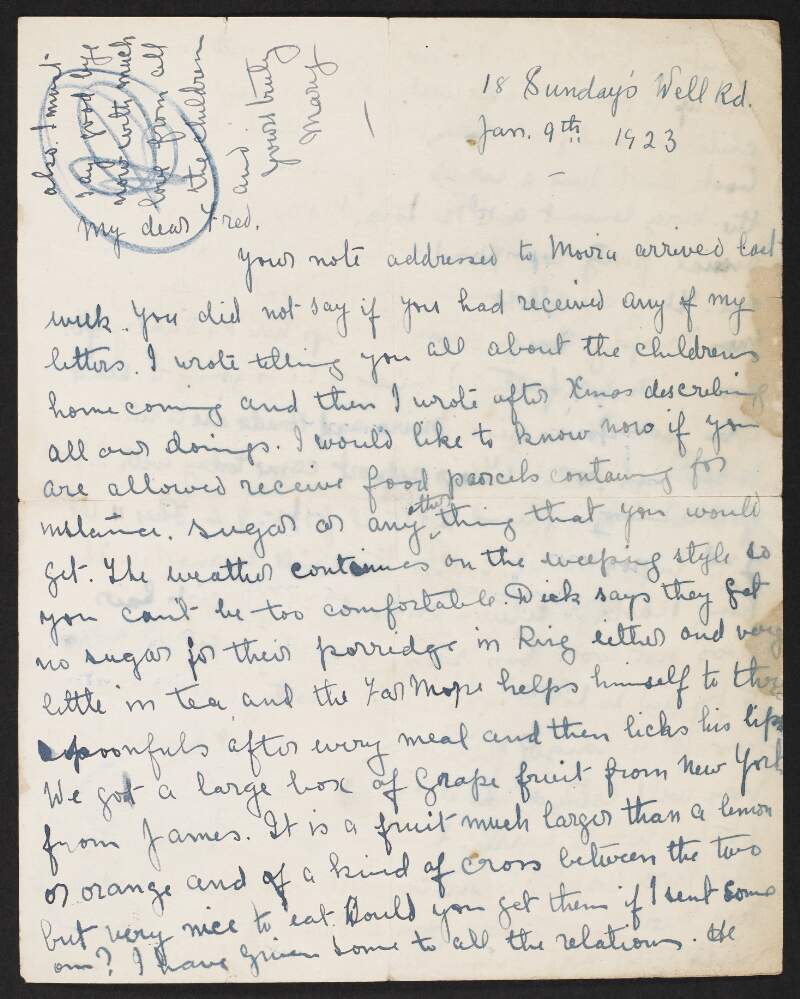 Letter to Fred Cronin, Hare Park Camp, Co. Kildare, from his sister-in-law Mary Roche, about his children and what they got up to over Christmas,