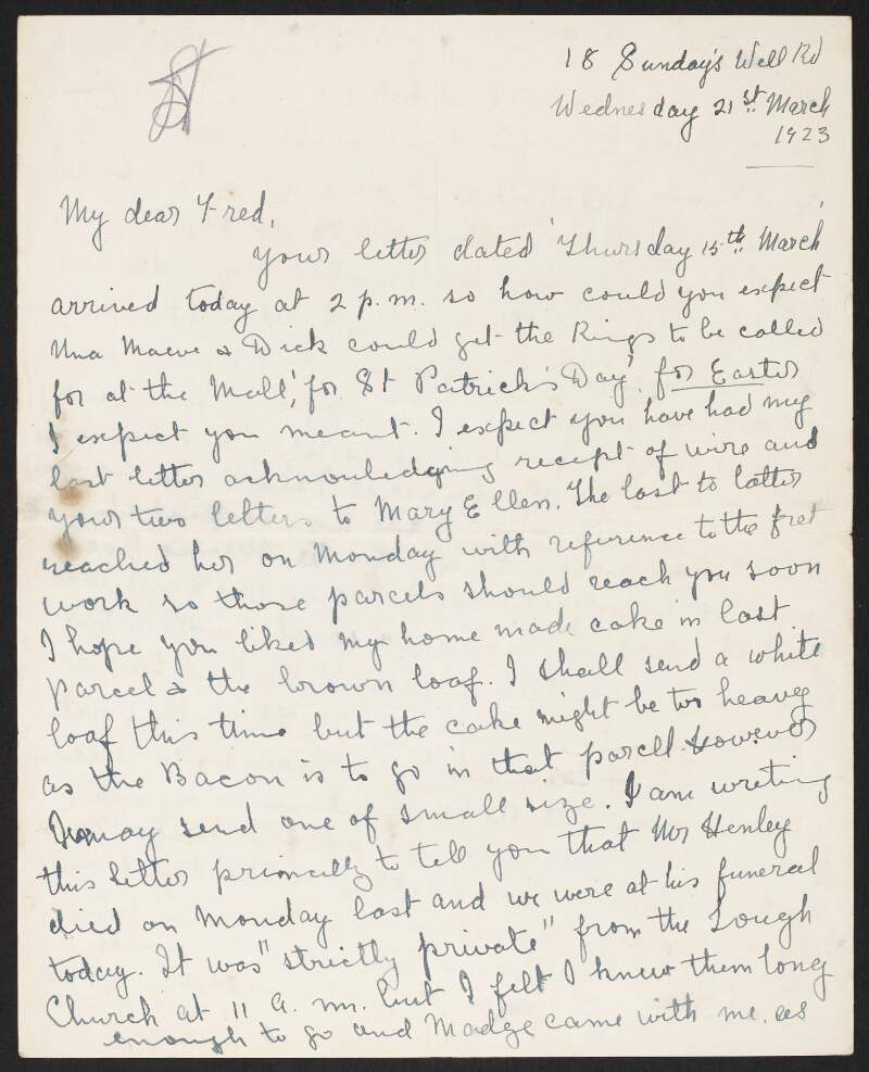 Letter to Fred Cronin, Hare Park Camp, Co. Kildare, from his sister-in-law Mary Roche, about his family and also the death of "Mr. Henley" and "Mrs. Davis",