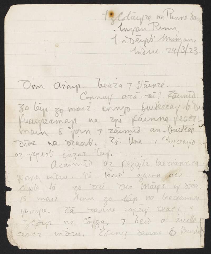 Letter to Fred Cronin, Hare Park Camp, Co. Kildare, from his daughter Maeve Cronin, Coláiste na Rinne, Dungarvan, Co. Waterford, about the school,