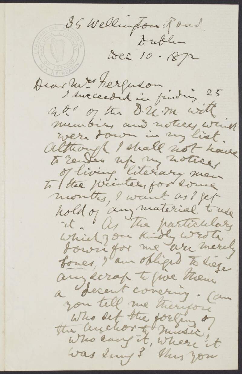 Letter from F. Wills, to Lady Mary Catherine Ferguson, asking for further biographical details for a book that he is writing,