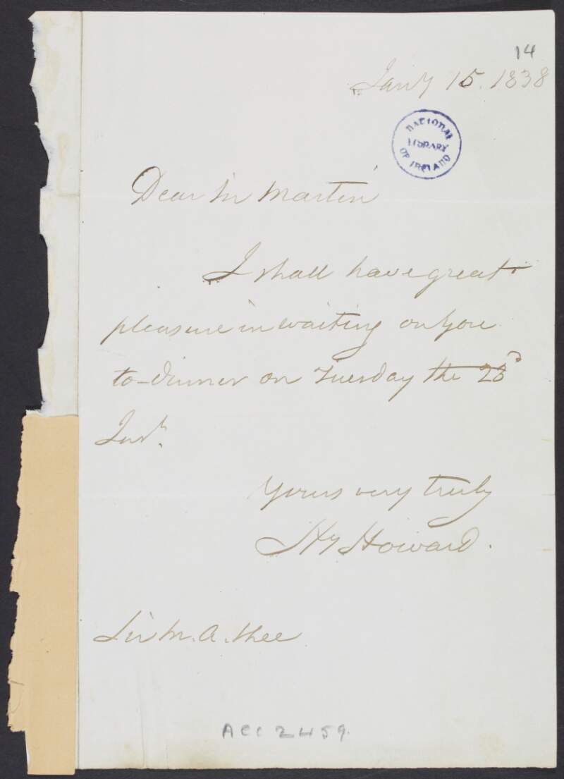 Letter from Henry Howard to Sir Martin Archer Shee, inviting him to dinner,
