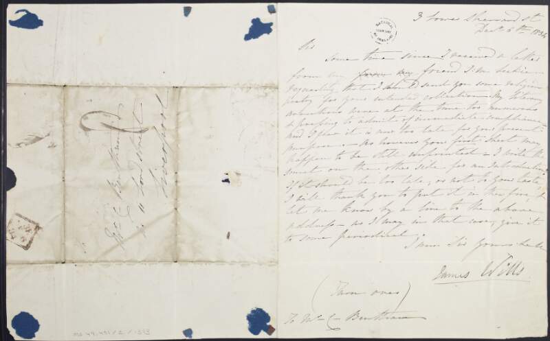 Letter from James Wills, to "C. Bentham", responding to a request for religious poetry from James Marshall Leckie, and including a Sonnet that he has written,