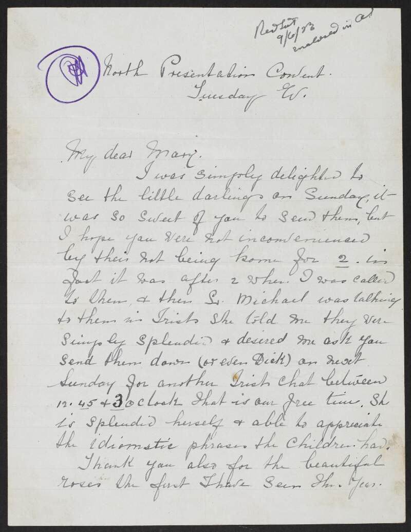 Letter to Mary Roche from her cousin Sister M. Finbar thanking her for bringing Fred Cronin's children to see her,