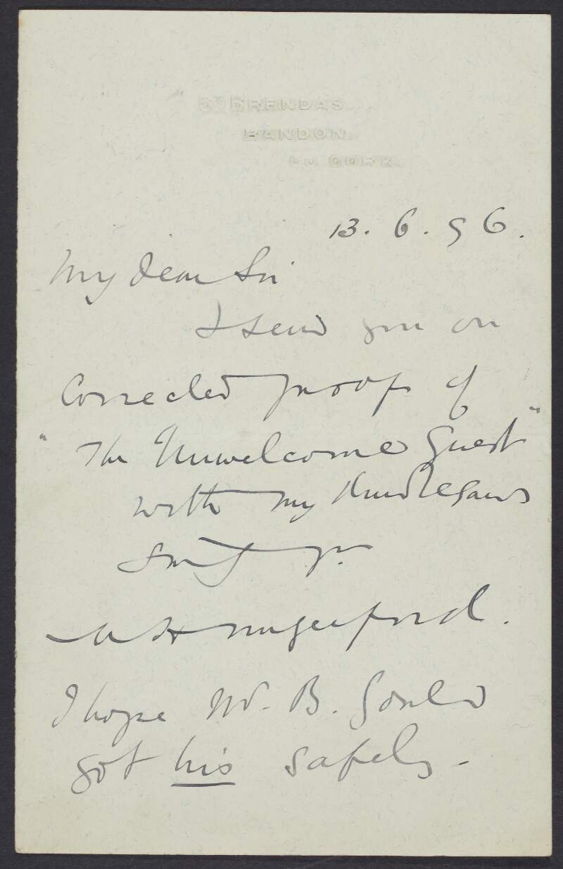 Letter from Margaret Wolfe Hungerford [Duchess] to unidentified recipient, regarding a corrected proof of 'The Unwelcomed Guest',