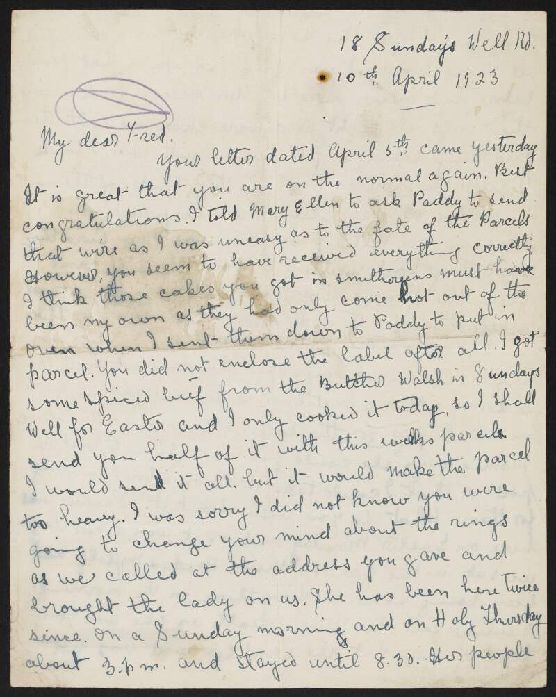 Letter to Fred Cronin, Hare Park Camp, Co. Kildare, from his sister-in-law Mary Roche, regarding family matters and Pauline Henley,