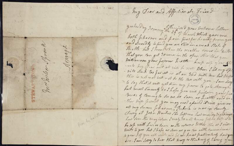 Letter from [John] Hunt of Stewartstown, County Tyrone, to Mrs. Wilson Sproull, Armagh, regarding her ill health,