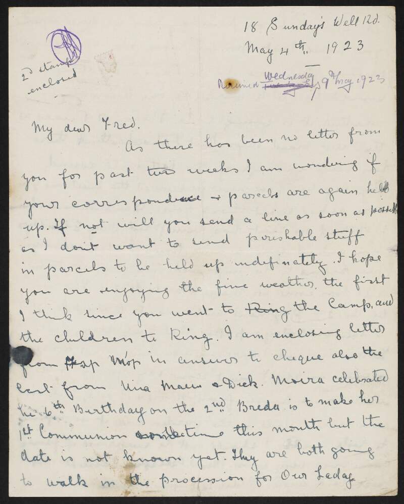 Letter to Fred Cronin, Hare Park Camp, Co. Kildare, from his sister-in-law Mary Roche, regarding family and financial matters especially the payment of his children's school fees,