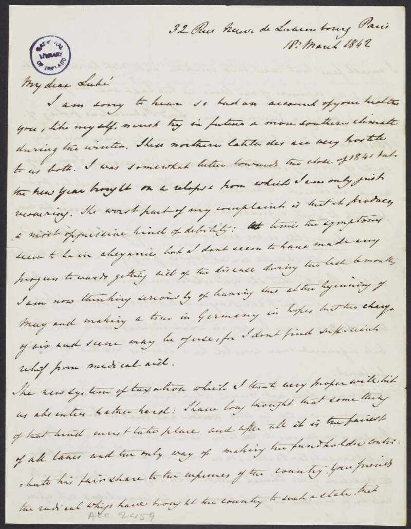 Letter from John Hely-Hutchinson, Earl of  Donoughmore, to W. F. Lubé, concerning his bad health, a trip to Germany, a campaign and religion in Ireland,