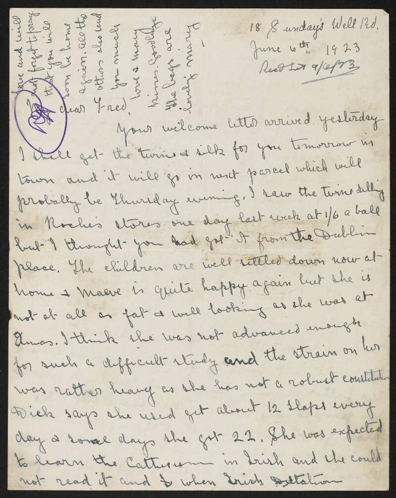 Letter to Fred Cronin, Hare Park Camp, Co. Kildare, from his sister-in-law Mary Roche, informing him that his children Risteárd, Una and Maeve are happy to be home, and about the severe punishment Maeve is receiving at school at Coláiste Rinne,