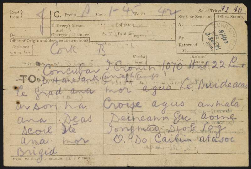 Telegram to "Concubar J. Cronin" [Fred Cronin], 1070 Hut 22  Line B, Harepark Curragh Camp, from [Brigid Cronin?], with reply on verso from "Daidí",