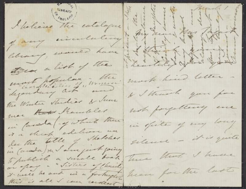 Letter from Anna Jameson to Mrs.Sagart, regarding being glad to see her and Mrs. Gashelle, and publishing a small book, 'Sisters of Charity',