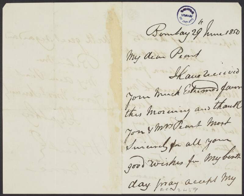 Letter from Jamsetjee Jejeebhoy to J. H. Peart, sending his thanks for the birthday wishes,