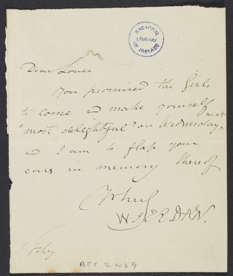 Letter from William Jerdan to Mr. Lover, regarding a promise he made concerning a girl,