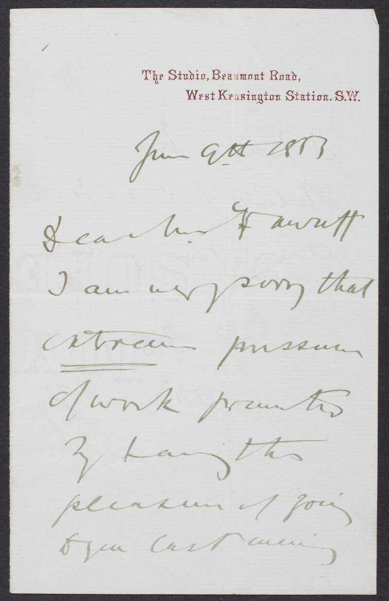 Letter from Albert Bruce-Joy to [Mr. Fauntt?], explaining he will repair everything at a later date due to the pressures of work,