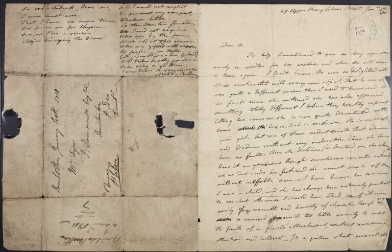 Letter from Mary Matilda Betham, to George Dyer, describing a recent house guest, a book sent to her by Robert Southey, the recent progress of Charles and Mary Lamb and the career of her brother, Sir William Betham,