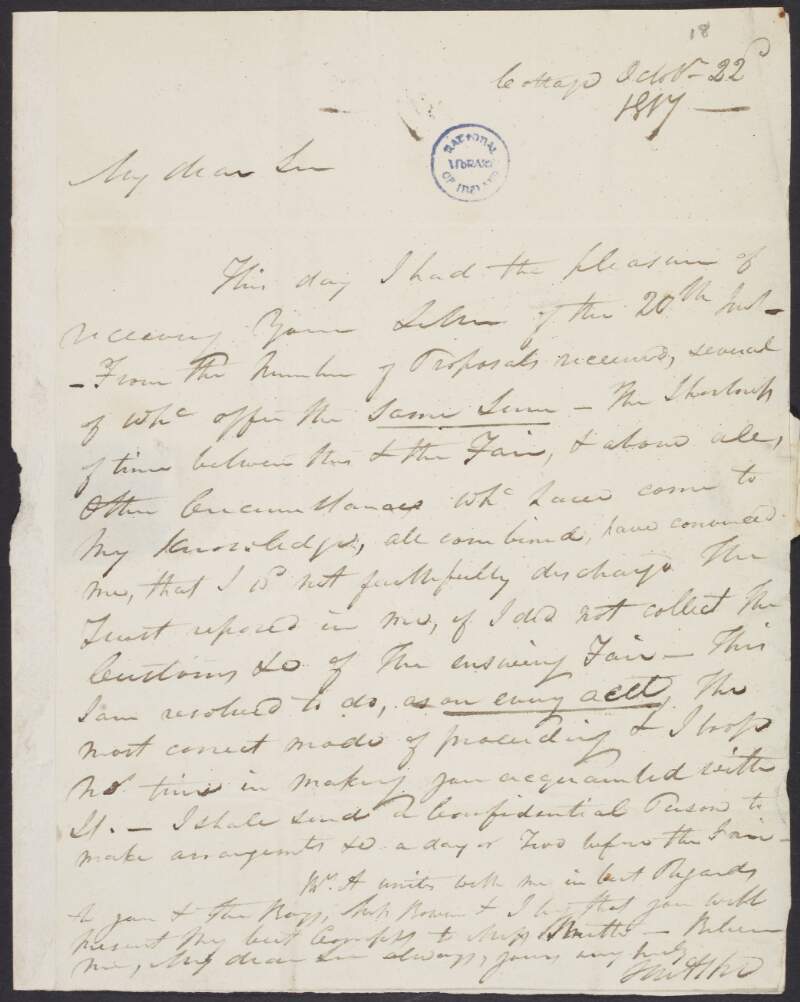 Letter from "Smith", to [Charles?] Bowen, regarding an estate near Castlebar,