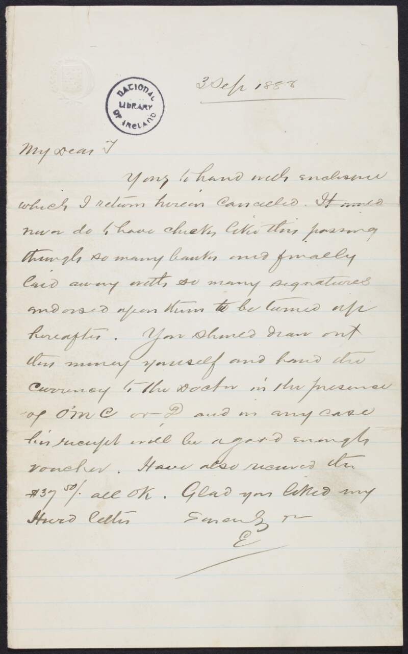 Letter from Patrick Egan to John Devoy, enclosing a cancelled cheque for $3000,