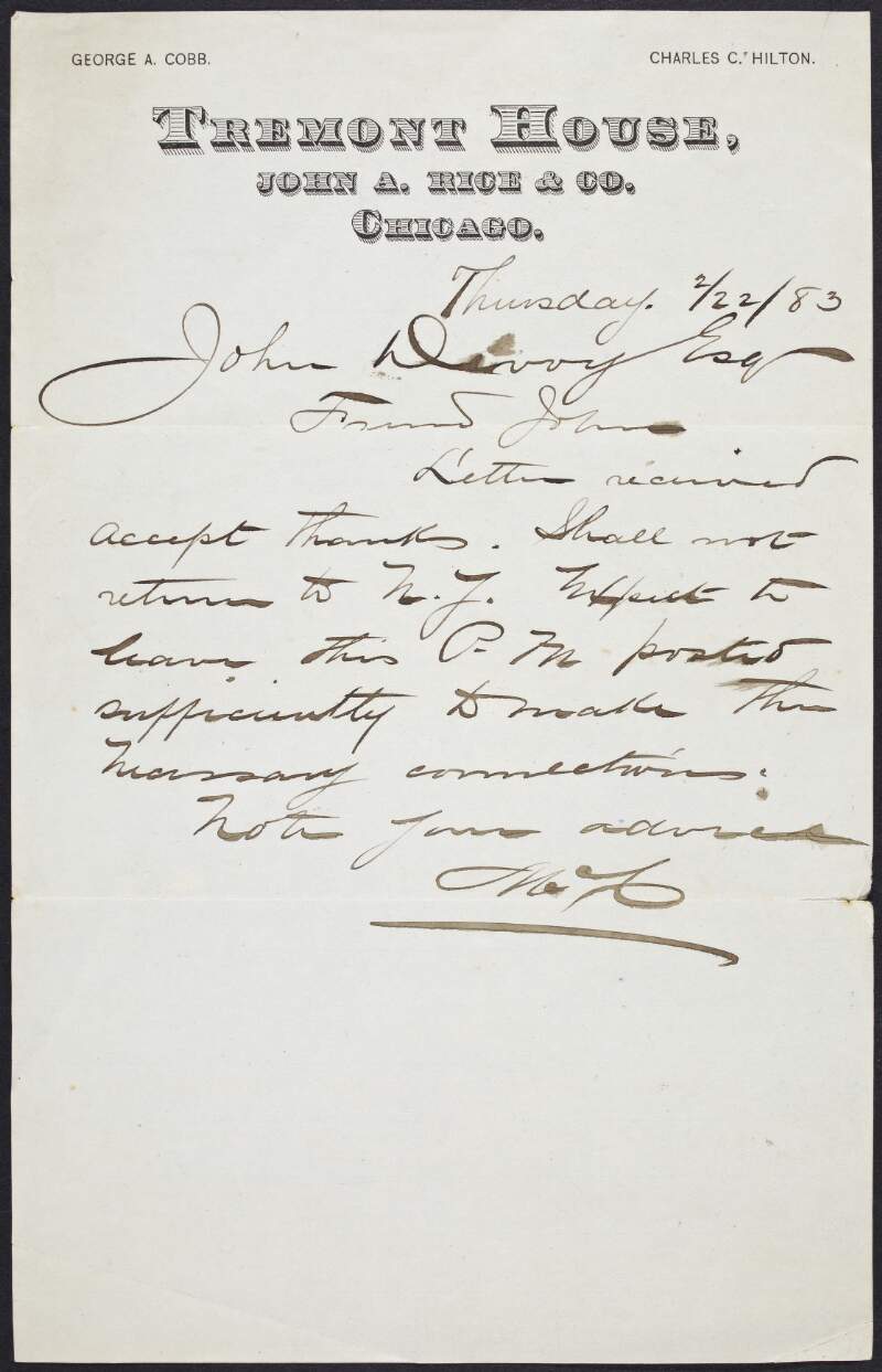 Letter from [illegible] to John Devoy acknowledging receipt of recent letter,