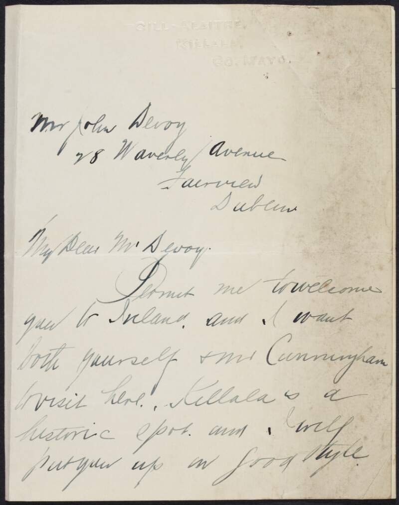 Letter from unknown author to John Devoy, inviting him and Harry Cunningham to Killala, County Mayo,
