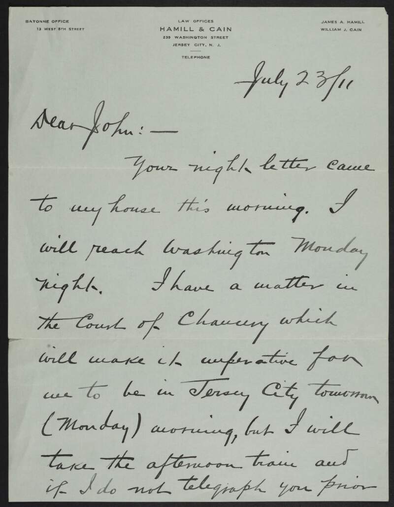 Letter from James Hamill to John Devoy saying he will come to see him in Washington,
