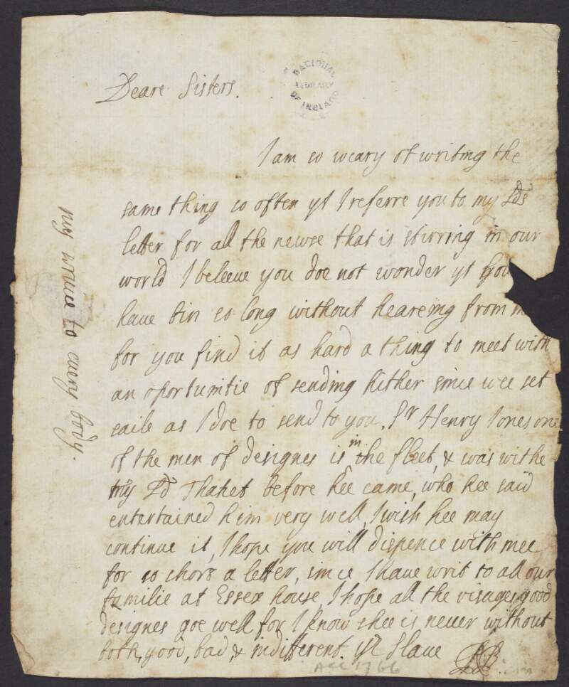 Letter from Richard Boyle, 2nd Earl of Cork, to Lady Anne and Lady Henrietta Boyle, apologising for his delay in writing to them due to him being at sea,