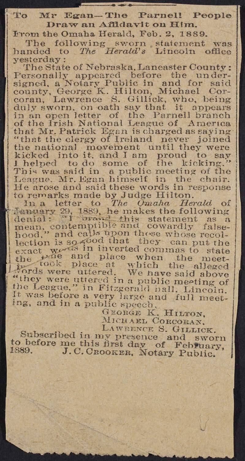 Newspaper clipping regarding Patrick Egan and the Irish National League of America,