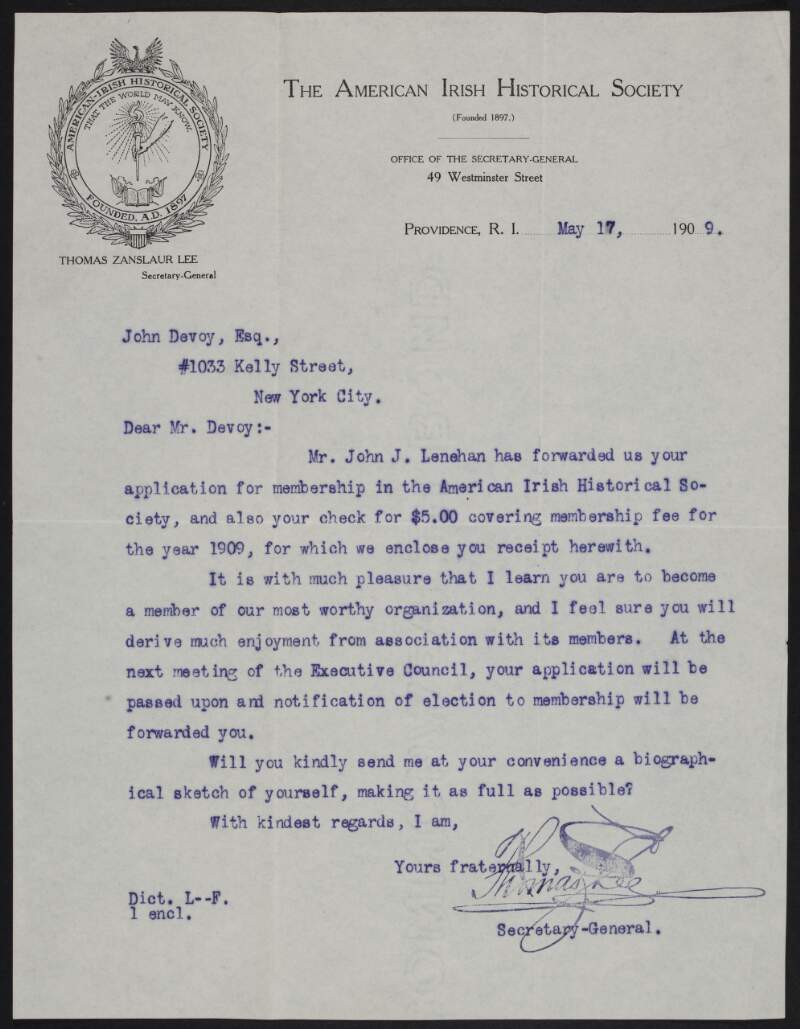 Letter from Thomas Zanslaur Lee to John Devoy regarding membership of the American Irish Historical Society,