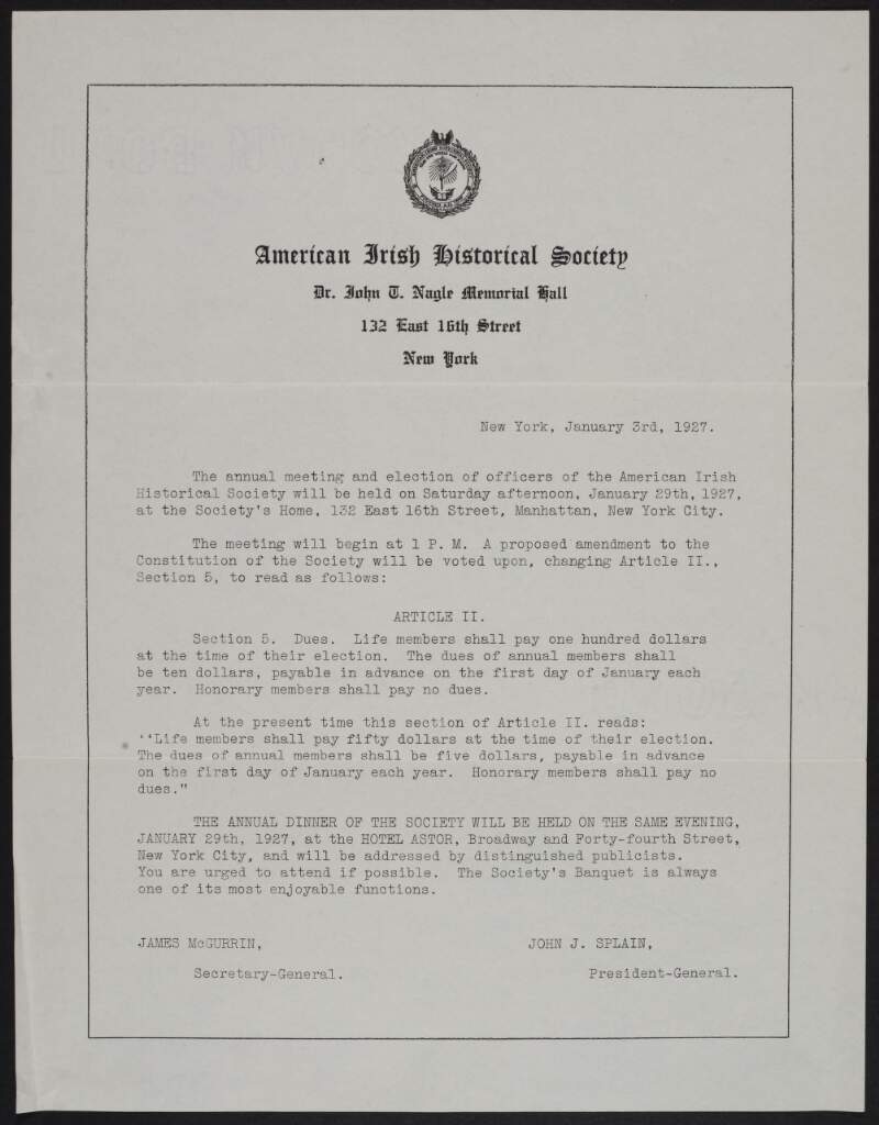 Letter from James McGurrin and John J. Splain to members of the American Irish Historical Society regarding annual meeting and election of officers, and report of the Nominating Committee,