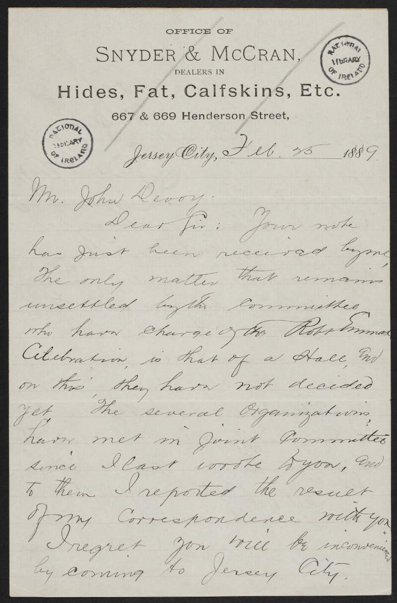 Letter from James Harmon to John Devoy informing him that a committee wants him to speak in Jersey City,