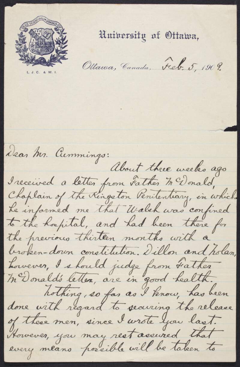 Letter from James P. Fallon to Mr Cummings regarding the imprisonment of John Walsh, John Nolan and Luke Dillion who had been charged with attempting to dynamite the Welland Canal,