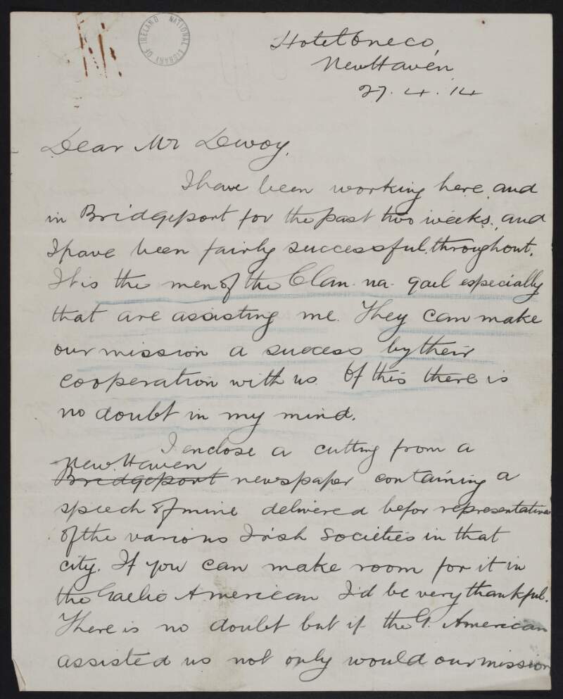 Letter from Thomas Ashe to John Devoy regarding the Gaelic League and partition,