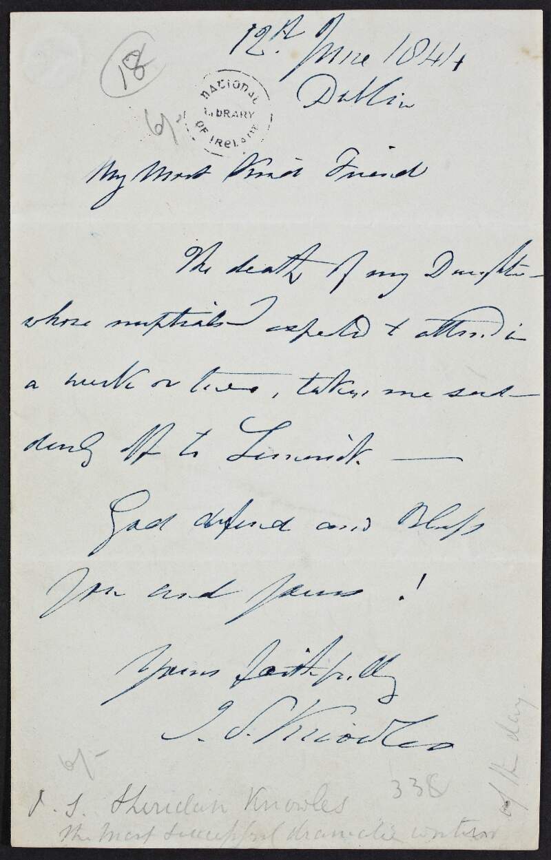 Letter from James Sheridan Knowles to unidentified recipient, concerning the death of his daughter,